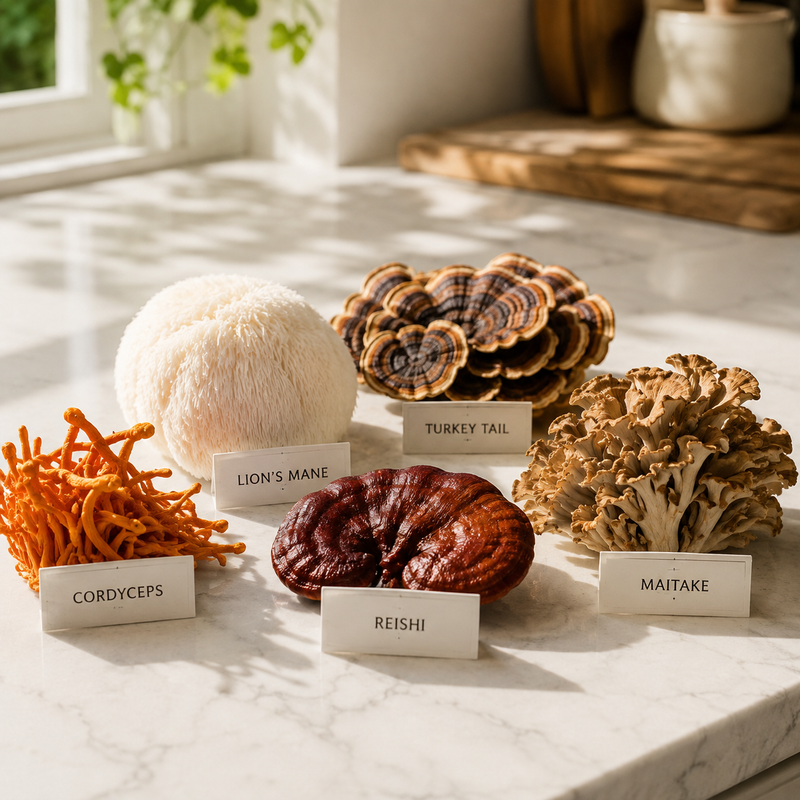 Turkey Tail, Lion’s Mane, Cordyceps, Reishi, and Maitake mushrooms arranged on a kitchen counter.