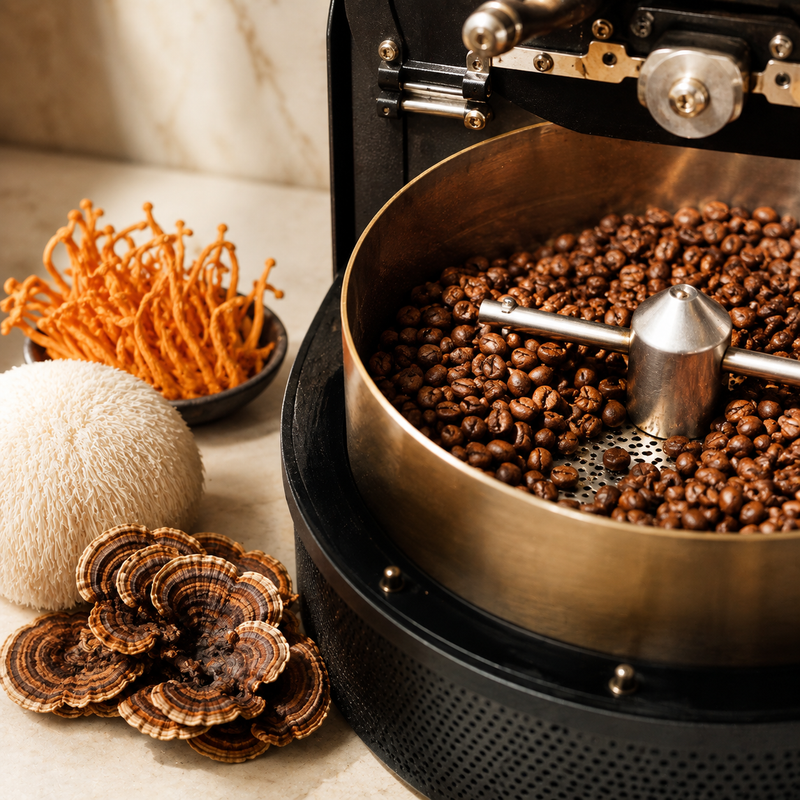Coffee beans being roasted alongside Lion’s Mane, Cordyceps, and Maitake mushrooms.