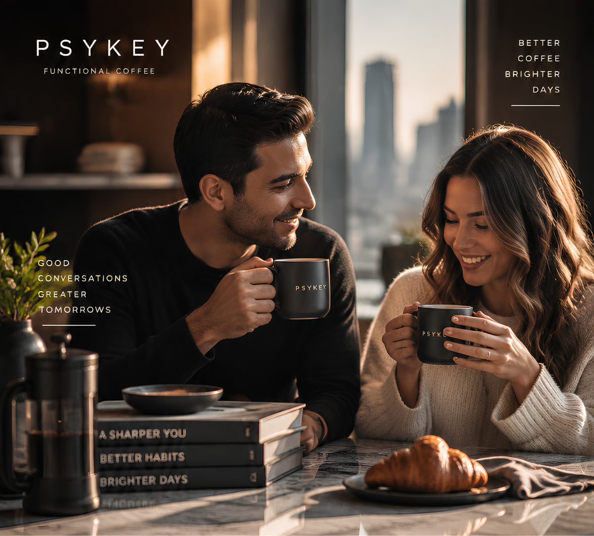 Couple smiling while drinking coffee together early in the morning.