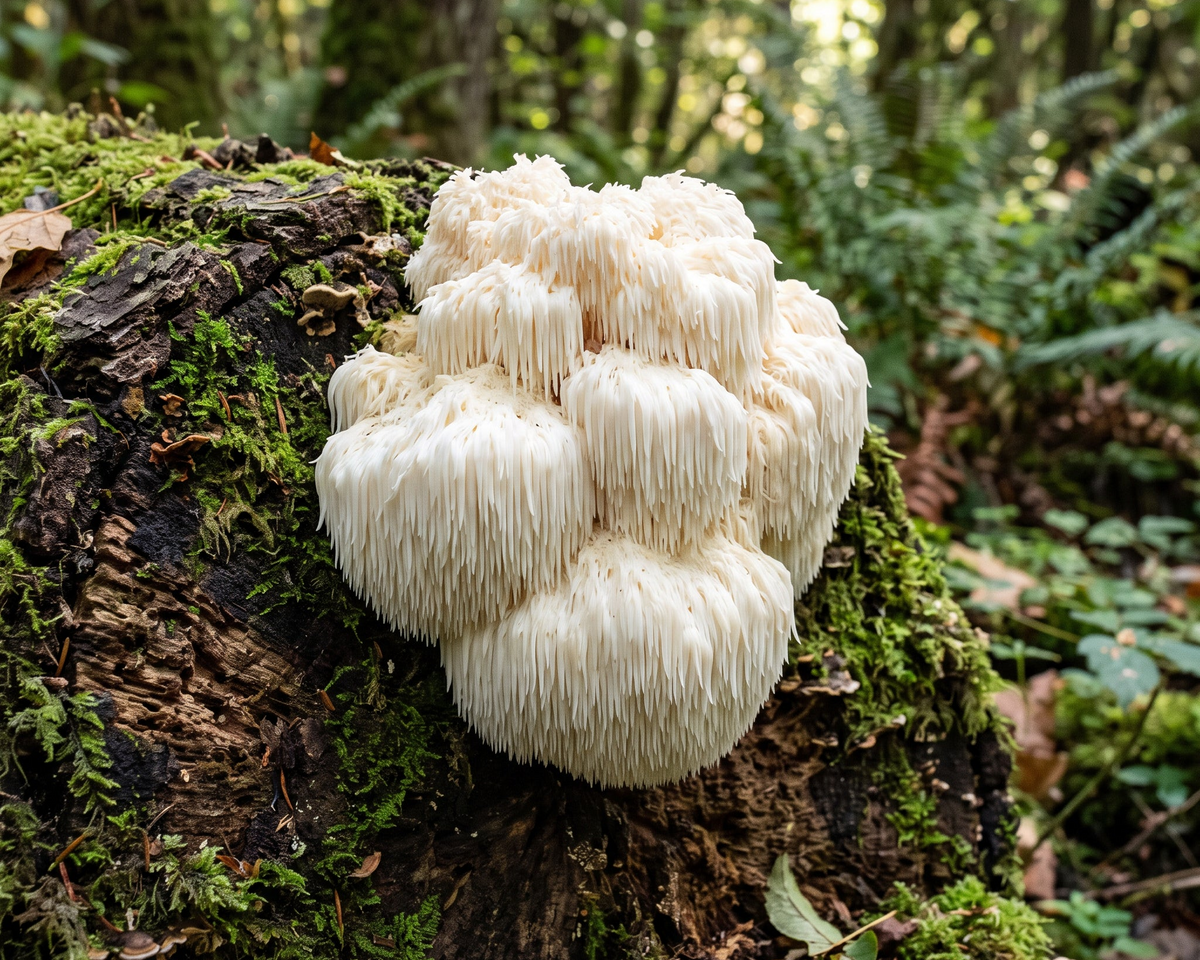 Close-up view of fresh, white Lion's Mane mushroom fruiting body against a natural backdrop, representing PsyKey's ingredient for cognitive wellness and mental clarity.