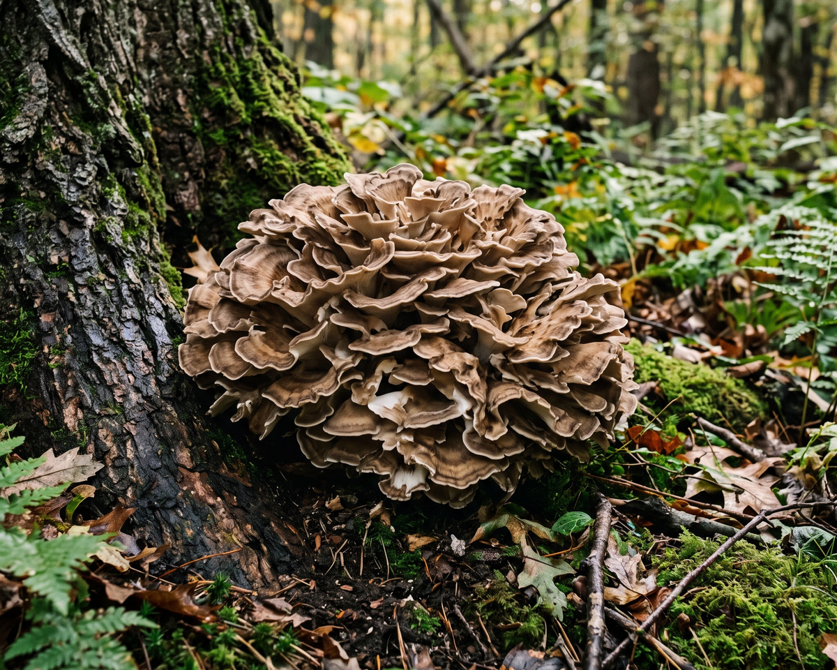 A large cluster of natural Maitake mushroom fruiting bodies growing at the base of a mossy tree