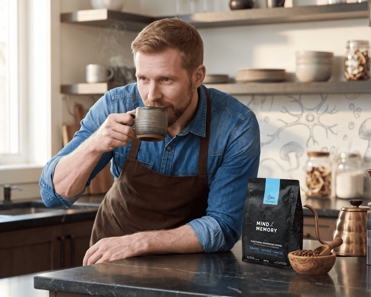 A man in a denim shirt and apron leaning against a kitchen counter sipping hot coffee from a ceramic mug, next to a bag of PsyKey Mind & Memory functional mushroom coffee.