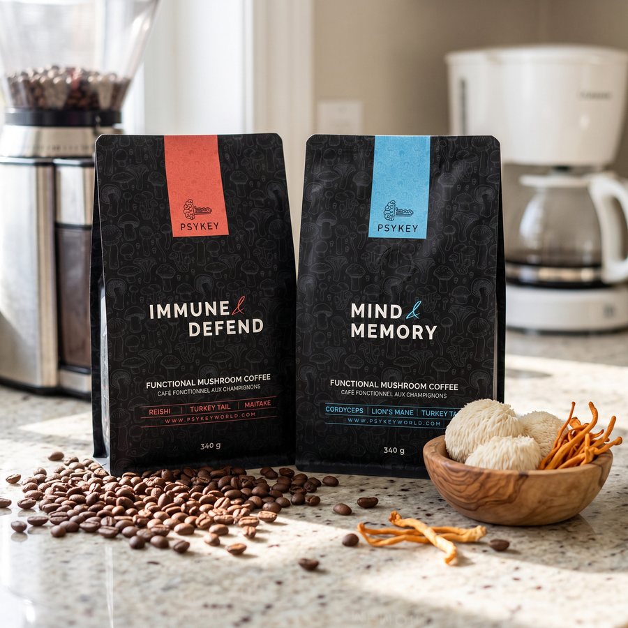 Two black bags of PsyKey functional mushroom coffee—Immune & Defend and Mind & Memory—displayed on a kitchen counter with roasted coffee beans and fresh mushrooms in a wooden bowl.