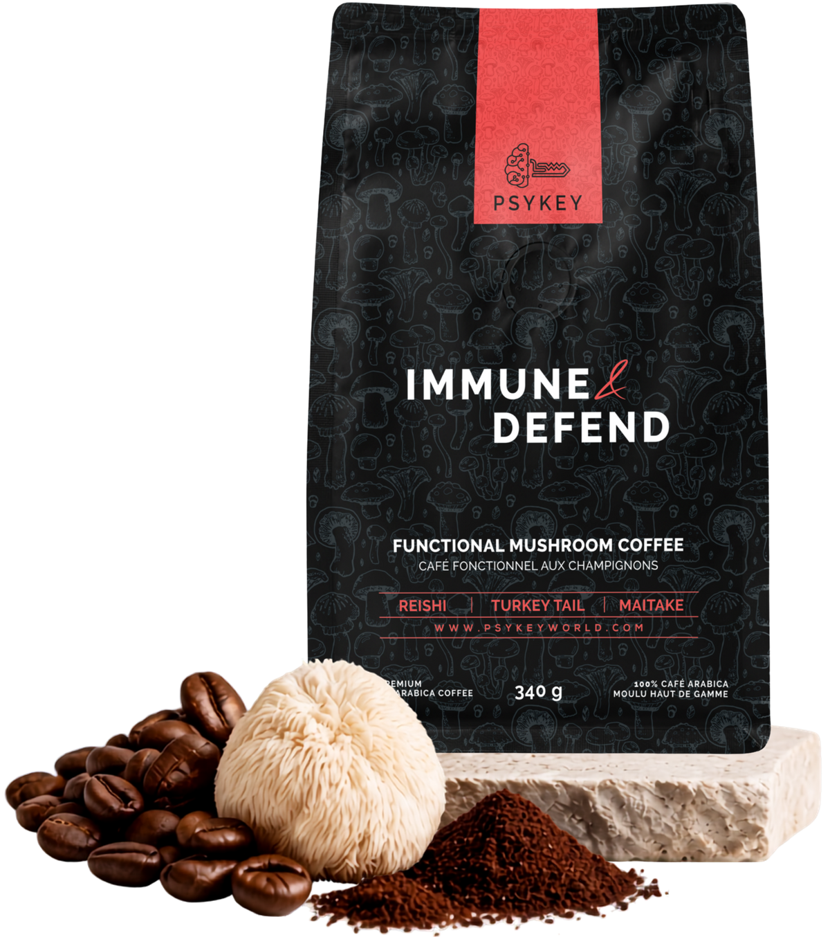 A black stand-up pouch of Psykey Immune Defend functional mushroom coffee stands on a stone slab with coffee beans, a white mushroom, and ground coffee in front on a white background.