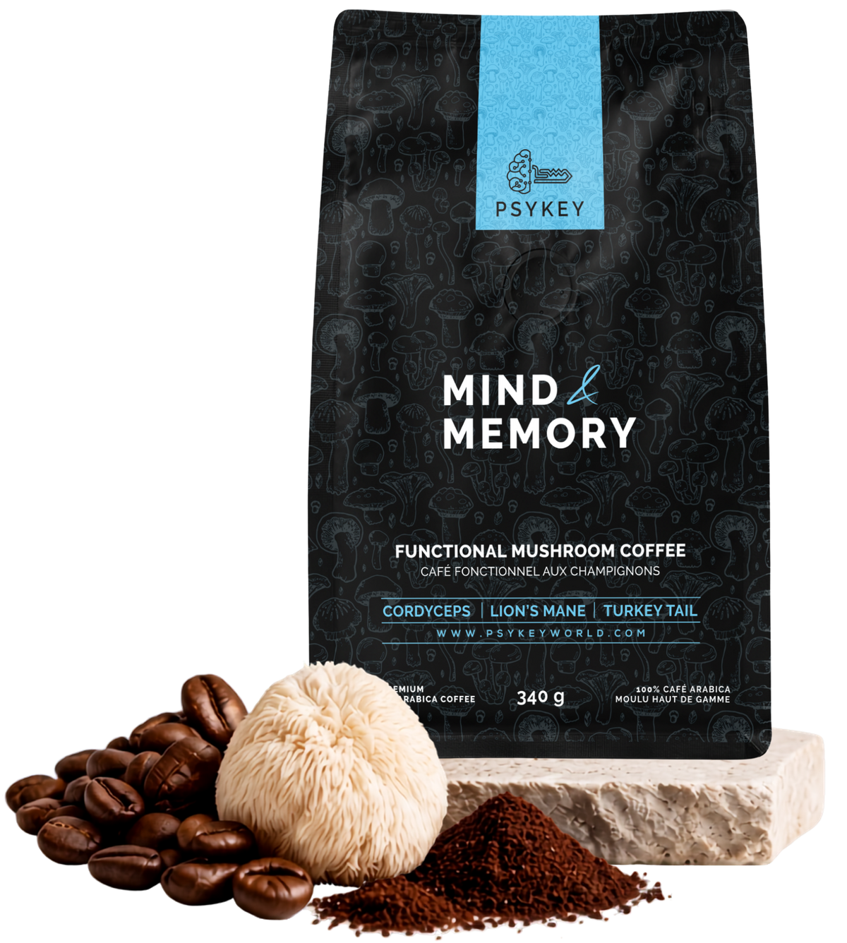 A 340g bag of PsyKey Mind & Memory functional mushroom coffee featured in the comparison section highlighting quality and ingredients.