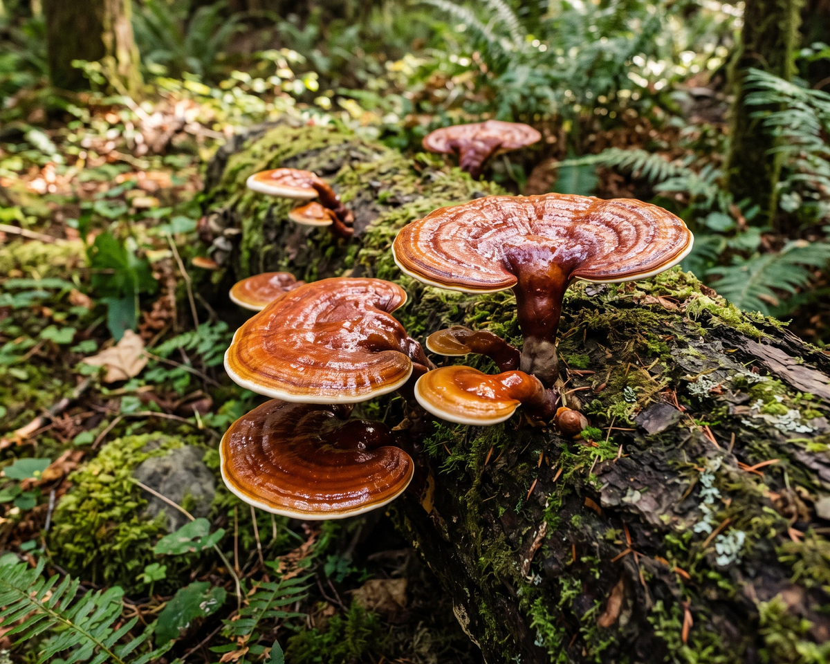 Close-up of Reishi mushroom, known as the "mushroom of immortality," used for calm, balance, and immune health.