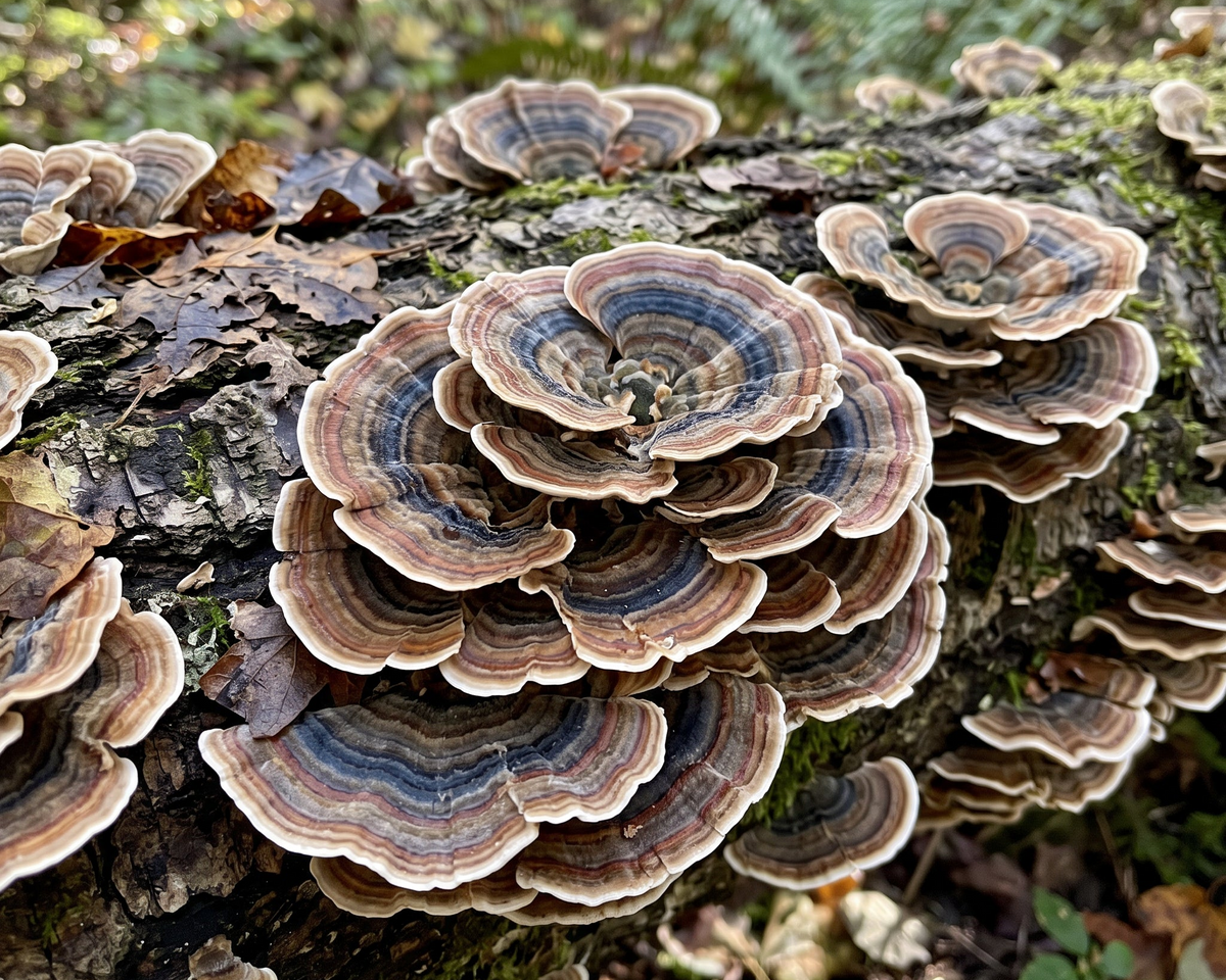 Close-up view of Turkey Tail functional mushroom fruiting body for gut health and immune support in PsyKey coffee.